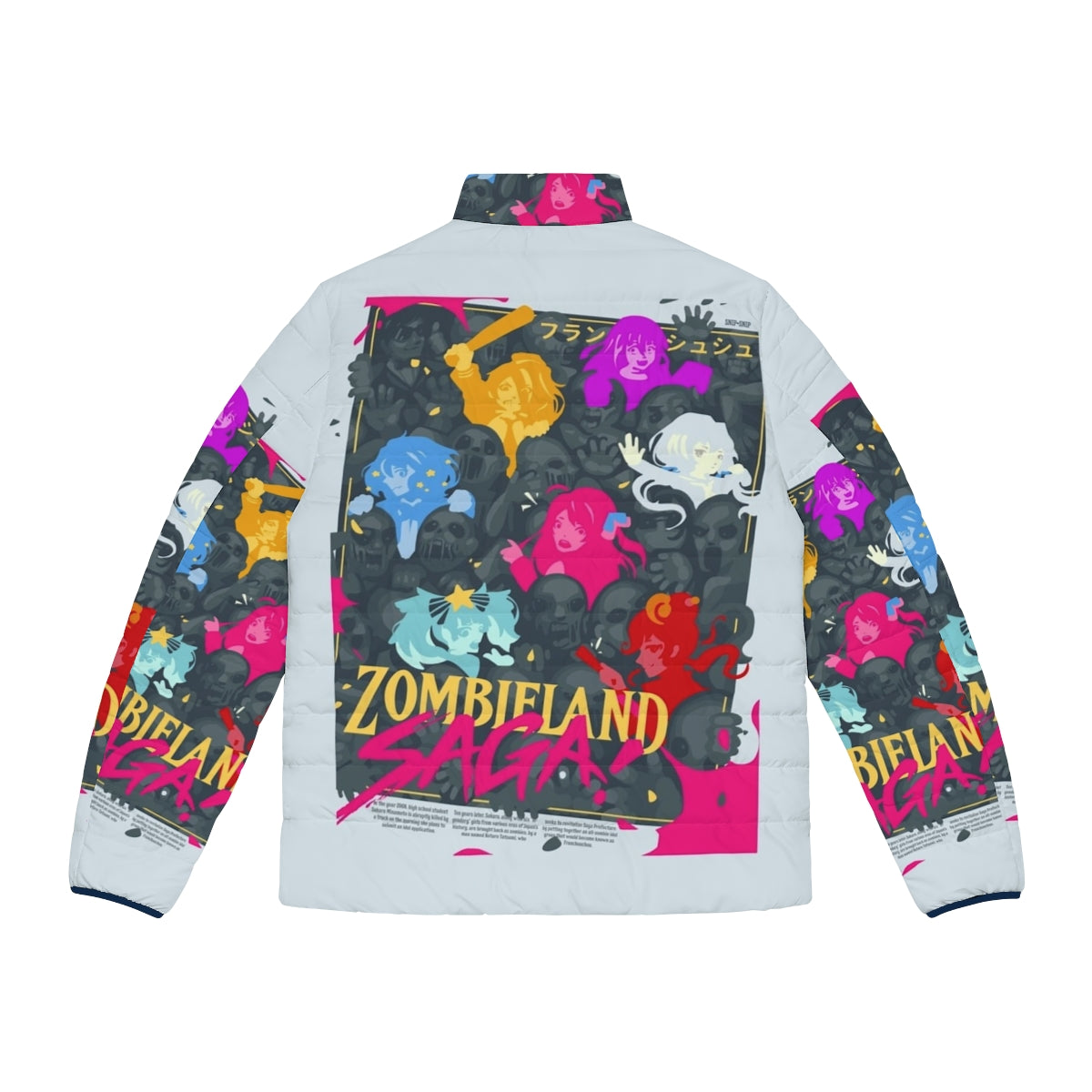 Zombieland Saga anime puffer jacket featuring characters from the hit anime series - Back