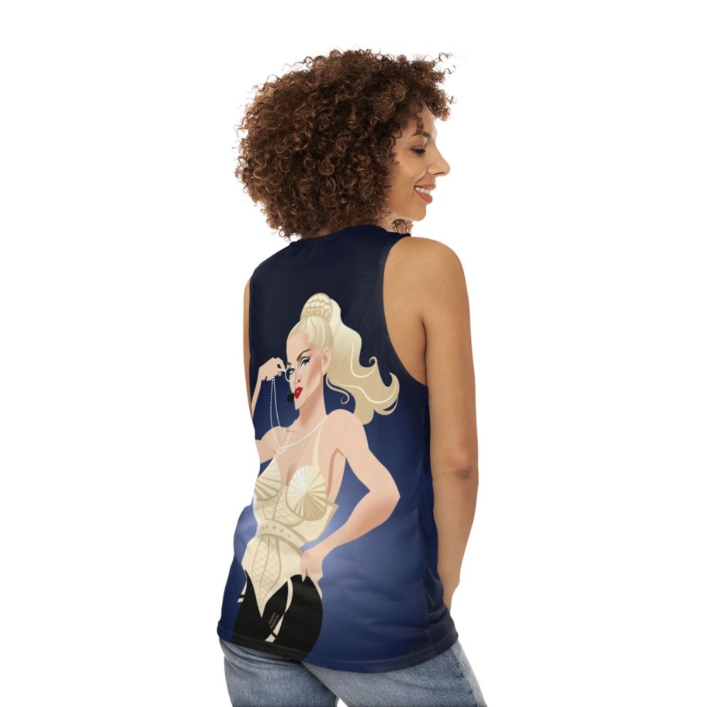 Unisex blonde tank top featuring Alejandro Mogoll art - women back