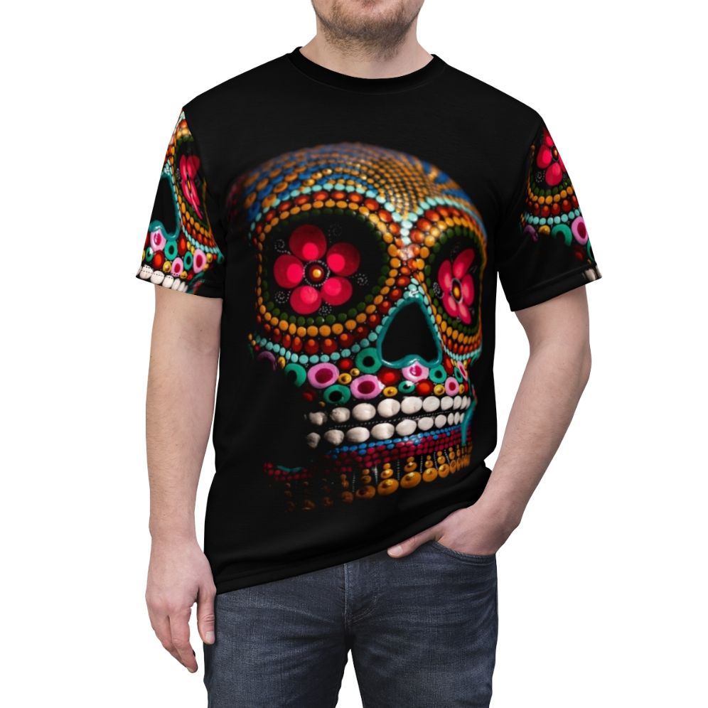 Vibrant, electric-colored sugar skull design on a t-shirt for Day of the Dead celebrations - men front