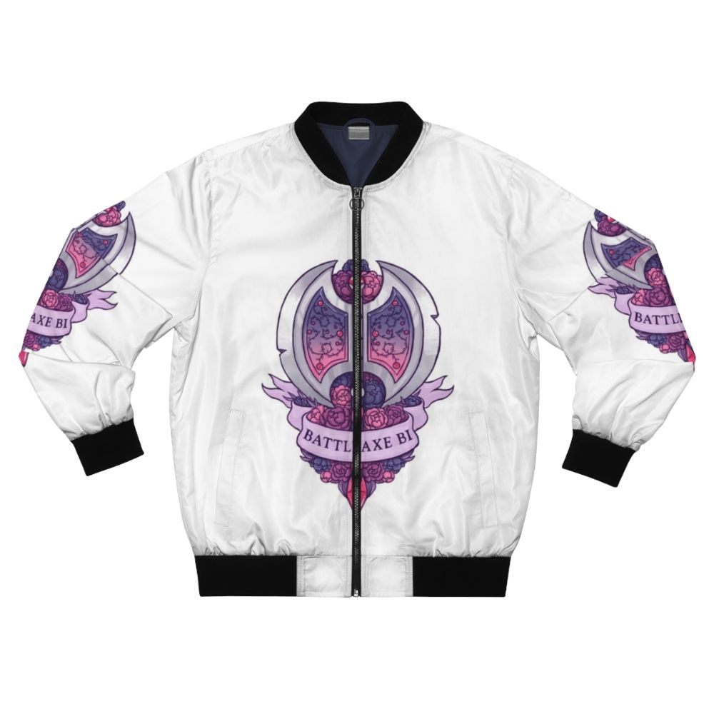 A bisexual battleaxe floral bomber jacket with a peony and ribbon design.