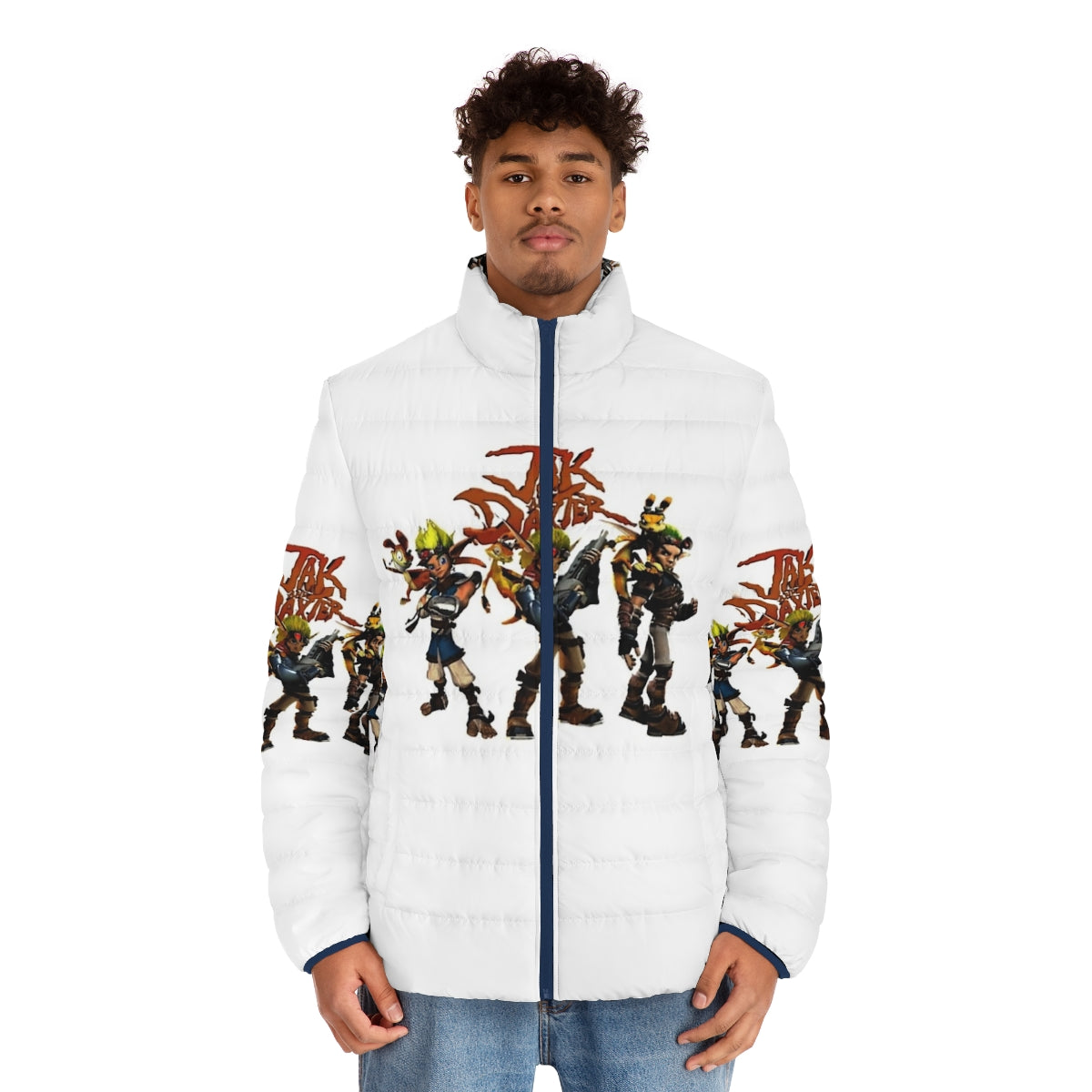 Jak and Daxter inspired puffer jacket with gaming graphics - men front