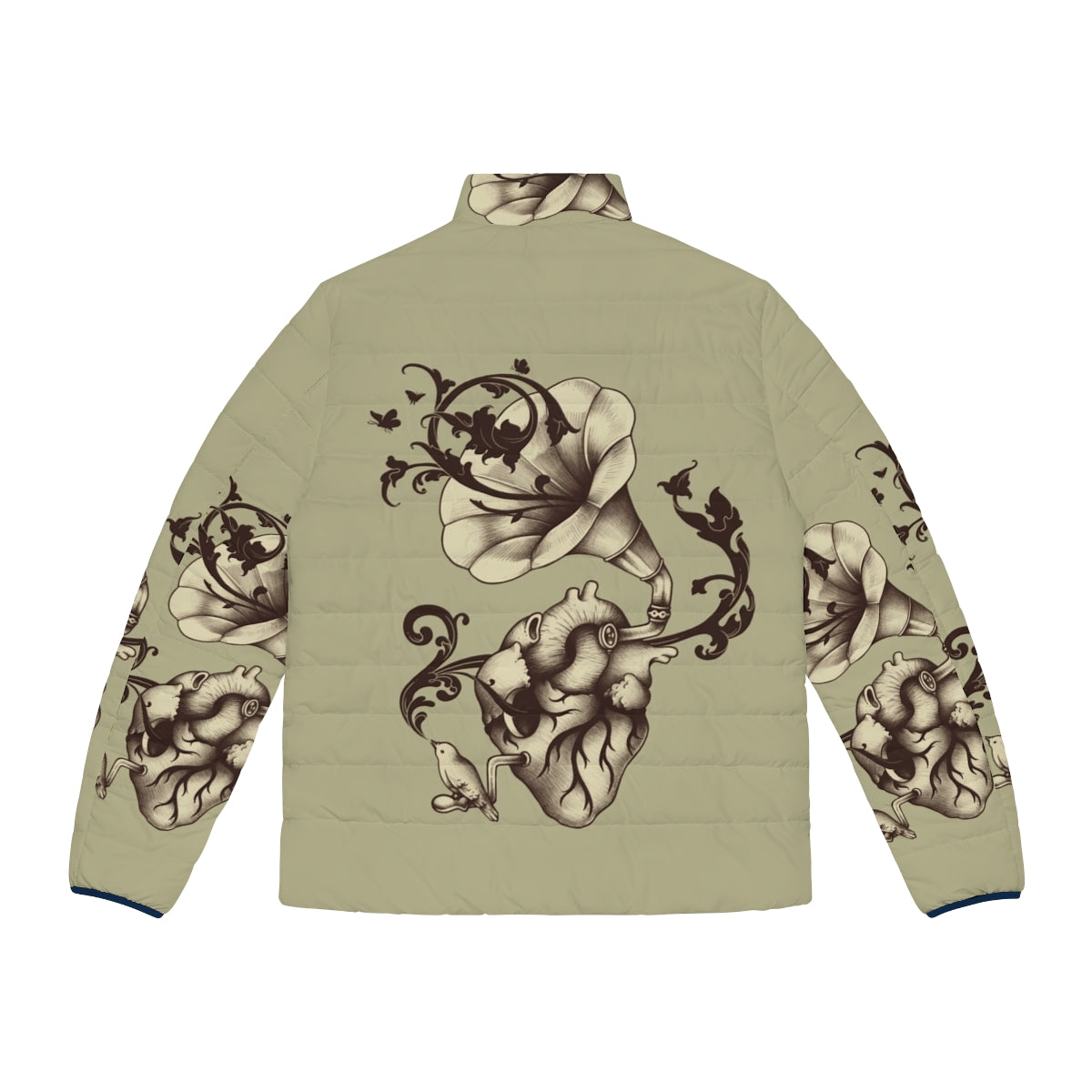 A puffer jacket featuring a surreal heart design with a gramophone, bird, and butterfly elements - Back