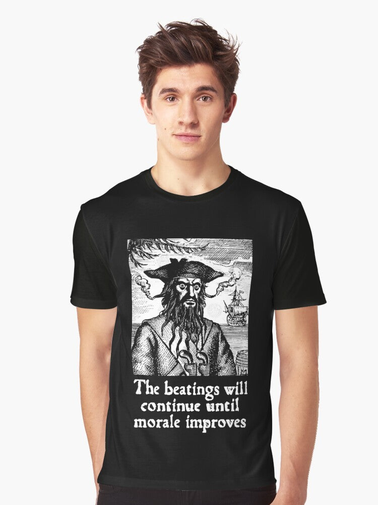 Pirate-inspired graphic t-shirt with the text "The Beatings Will Continue until Morale Improves" - Men