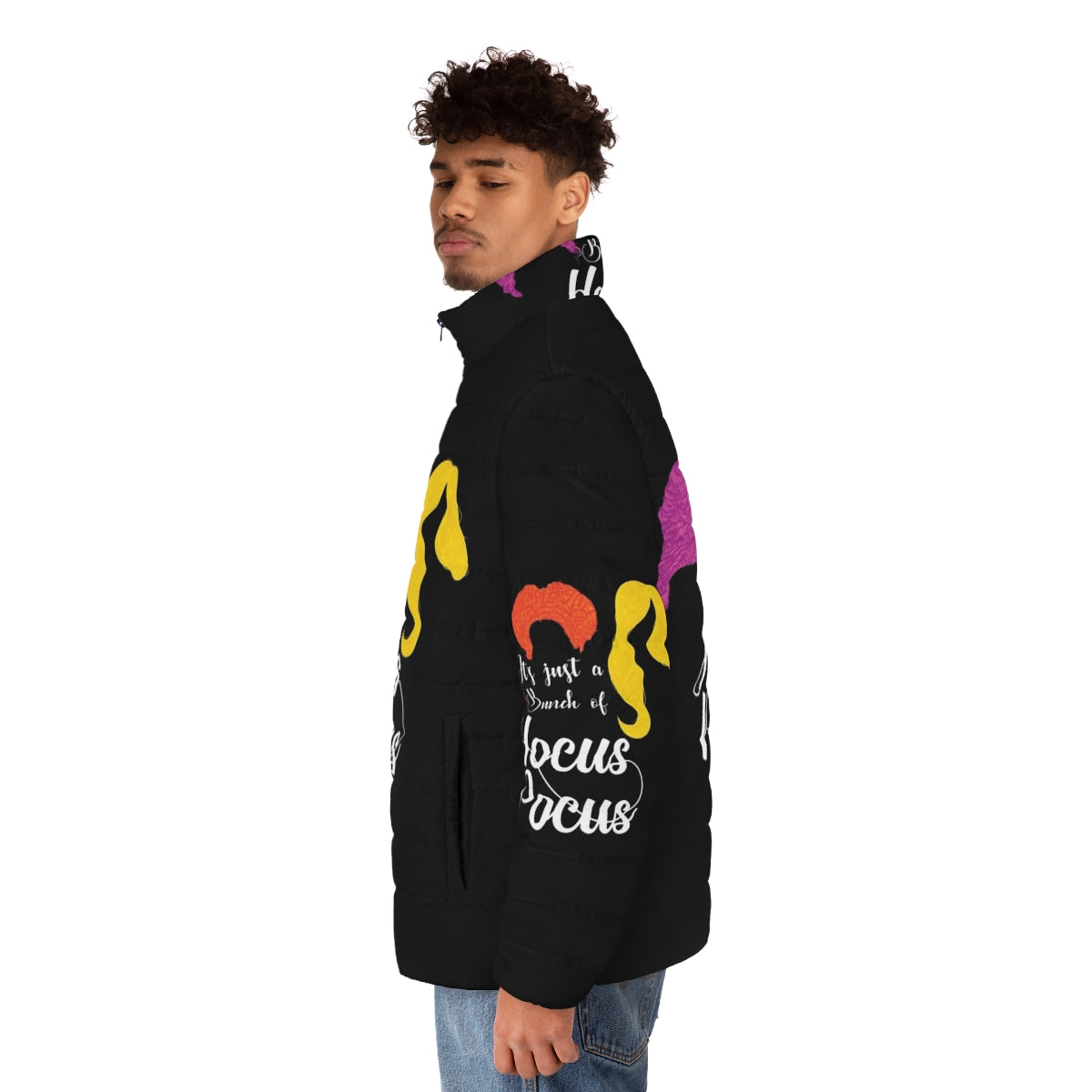 A cozy puffer jacket featuring the iconic "Hocus Pocus" movie logo, perfect for fall and Halloween - men side left