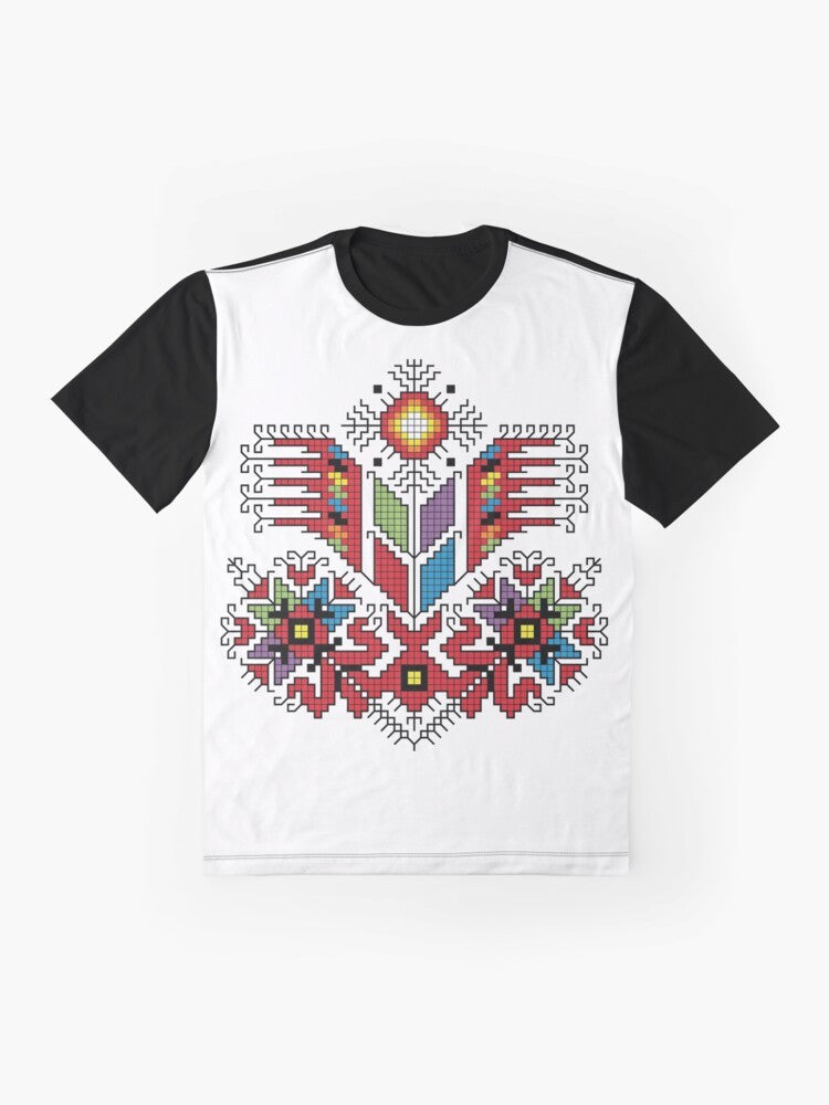 Traditional Bulgarian tree of life motif graphic t-shirt design - Flat lay