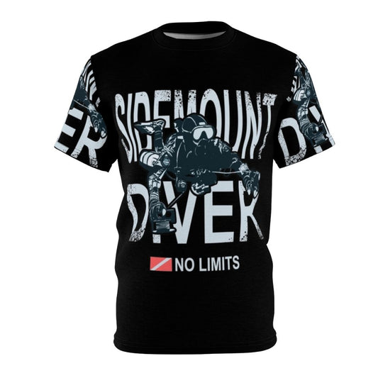 Sidemount diver t-shirt with an all-over print design for technical diving enthusiasts.