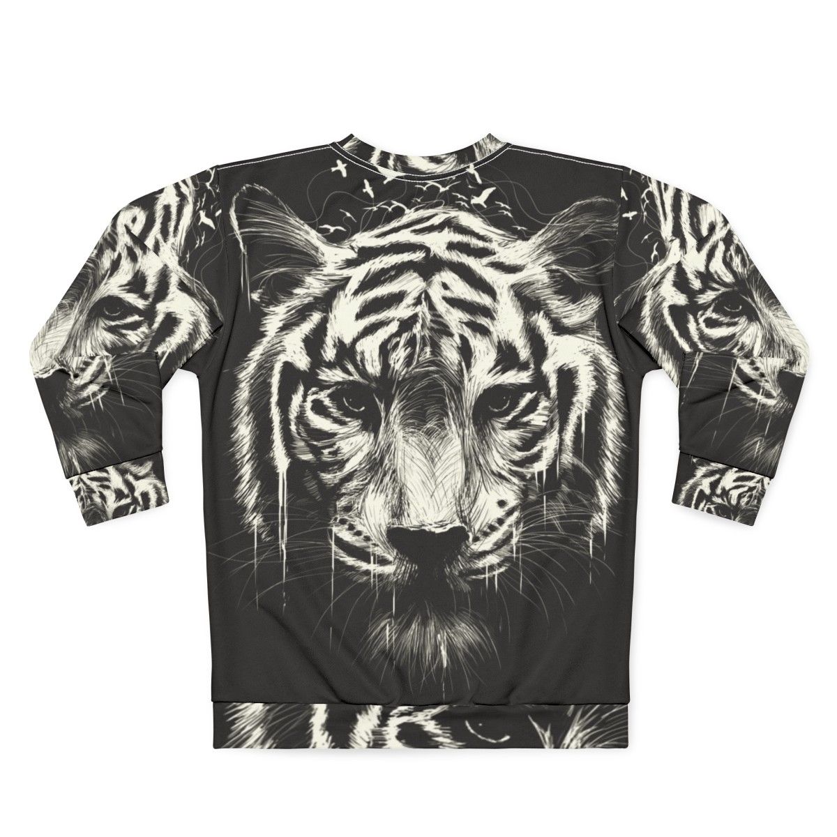 Interconnected sweatshirt with surreal, photorealistic tiger and bird graphics - Back