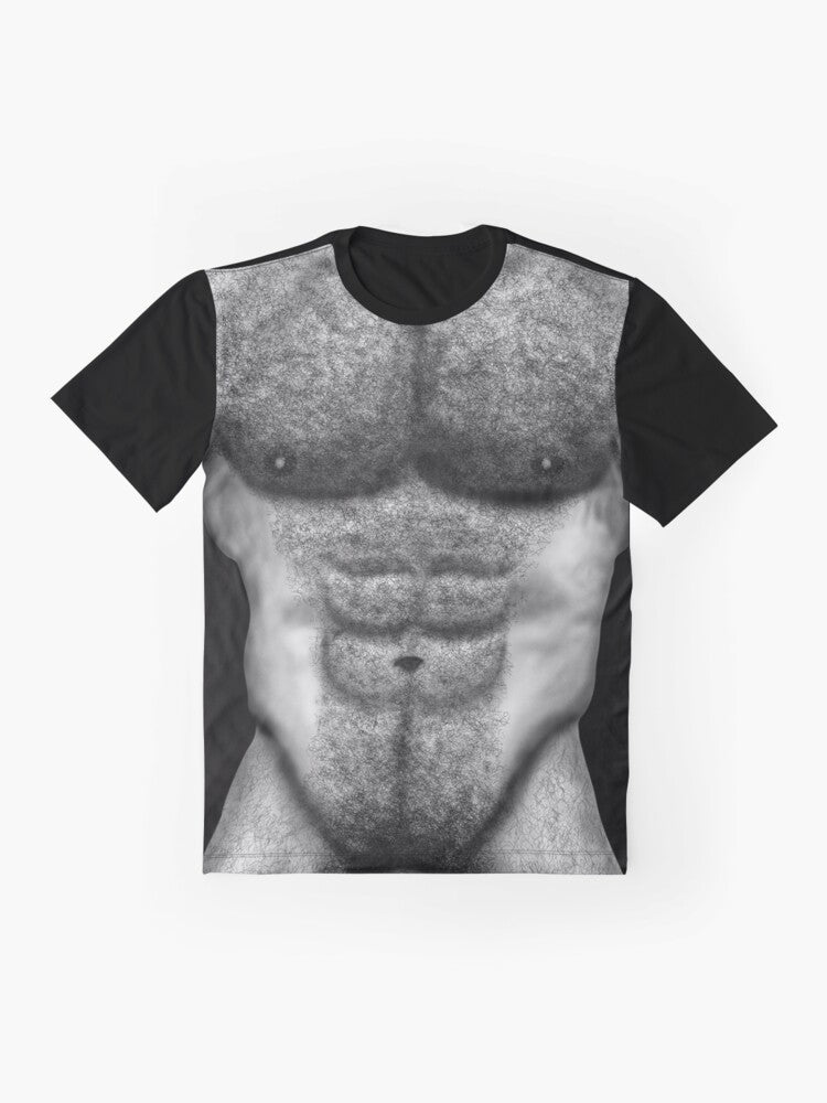 A graphic t-shirt featuring the hairy torso of a muscular naked man - Flat lay