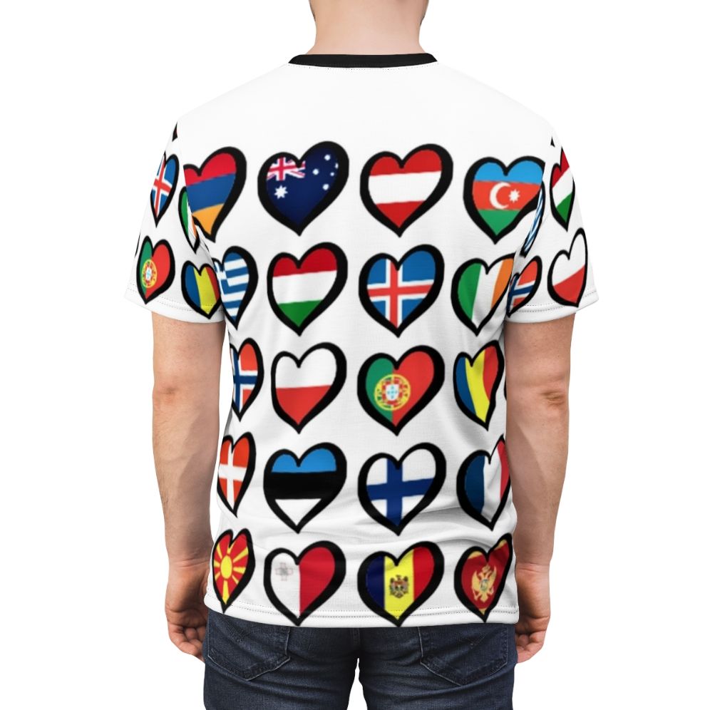 Vibrant AOP T-shirt featuring Eurovision Song Contest-themed graphics, including flags, hearts, and logos. - men back