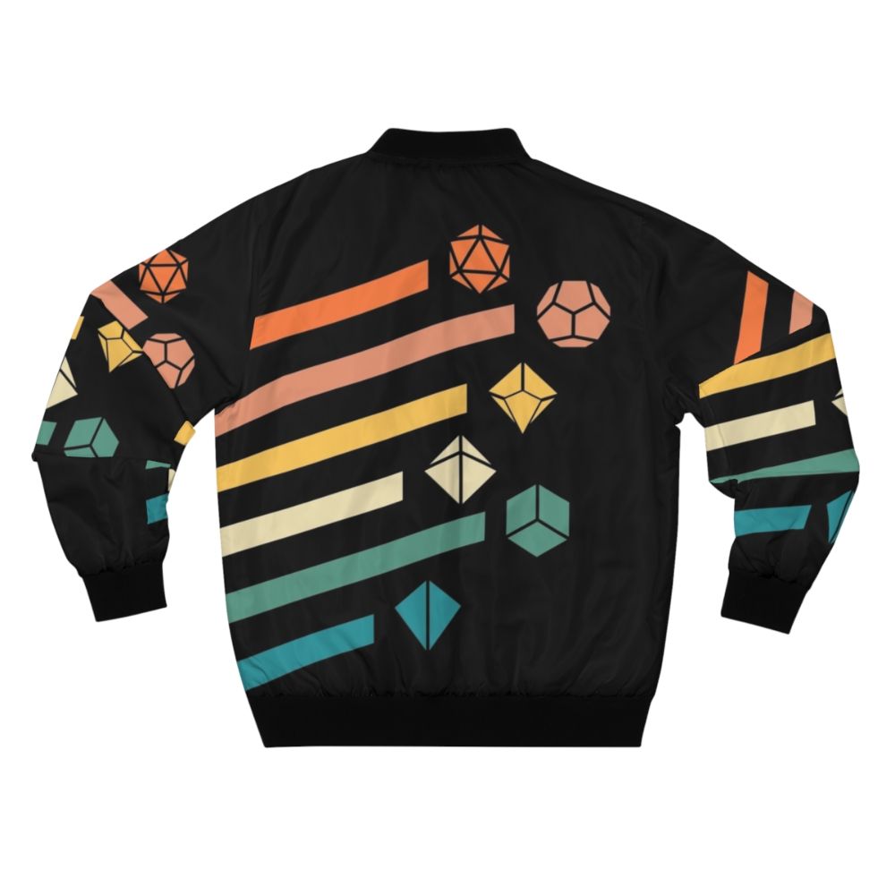 Retro rainbow polyhedral dice bomber jacket for tabletop RPG enthusiasts - Back