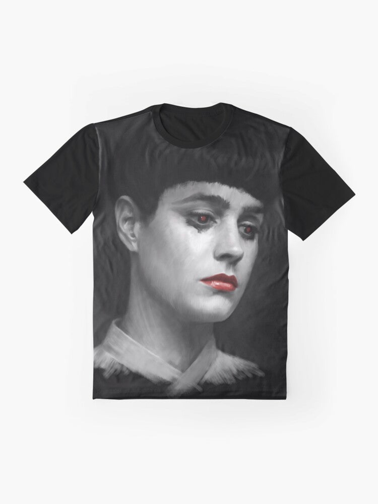 Rachel Blade Runner Business Graphic T-Shirt featuring a cyberpunk design with a replicant android theme. - Flat lay