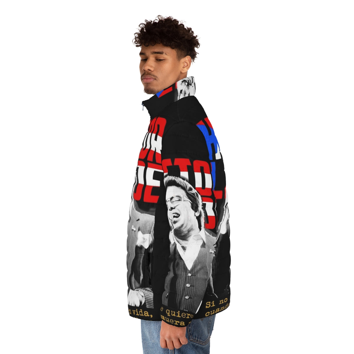 Hector Lavoe inspired salsa puffer jacket, featuring vibrant Latin music graphics - men side left