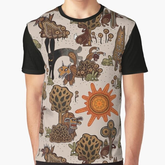 Graphic t-shirt design featuring a Watership Down-inspired pattern with rabbits, Lord Frith, and natural elements.