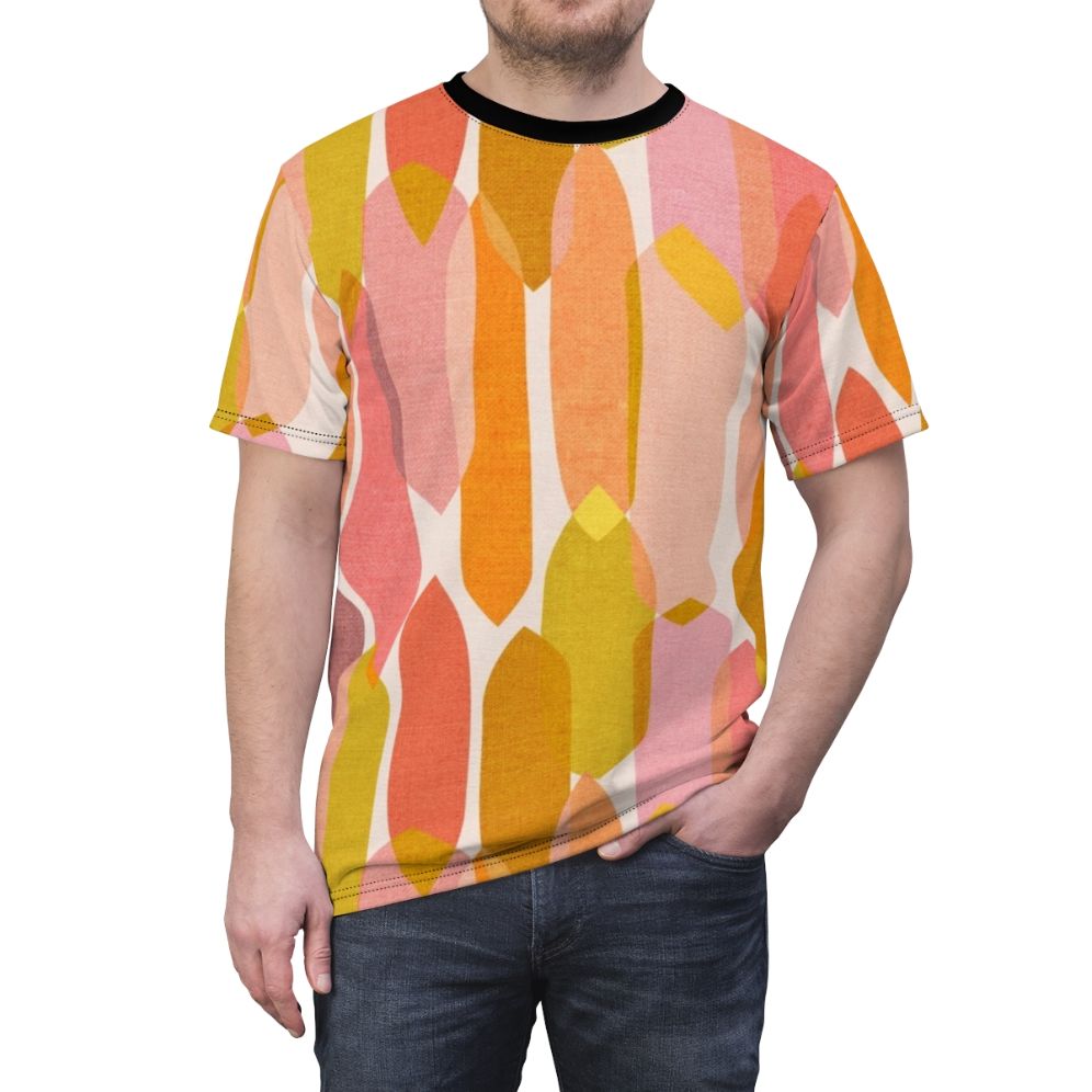 Colorful abstract mid century inspired t-shirt with a droplet pattern design - men front