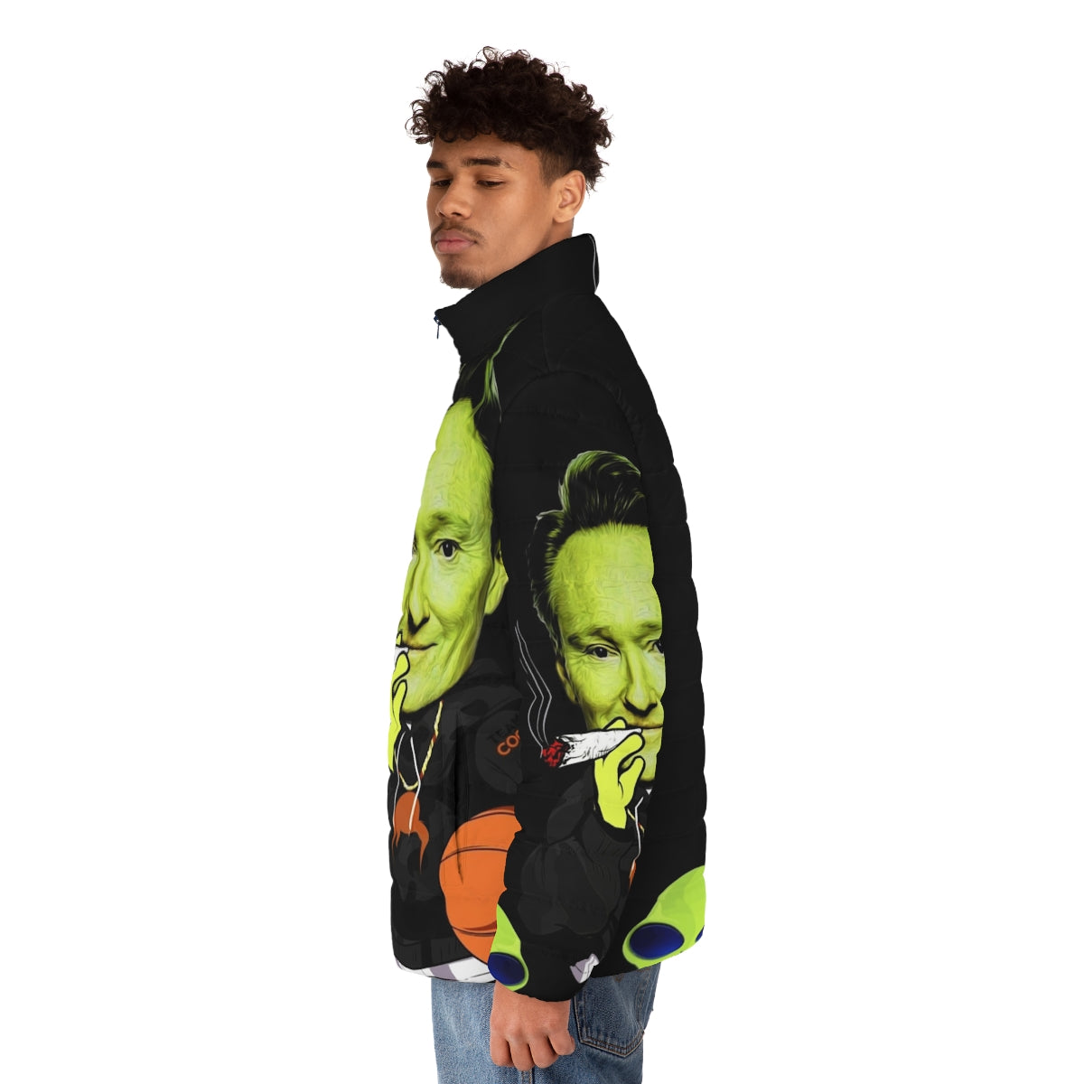 Team Coco Out of Space Puffer Jacket featuring an alien and space-themed design - men side left