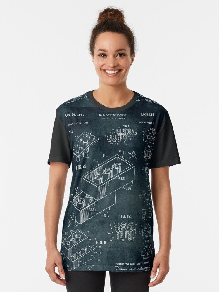 Vintage 1958 Building Brick Graphic T-Shirt featuring a blueprint-style design - Women