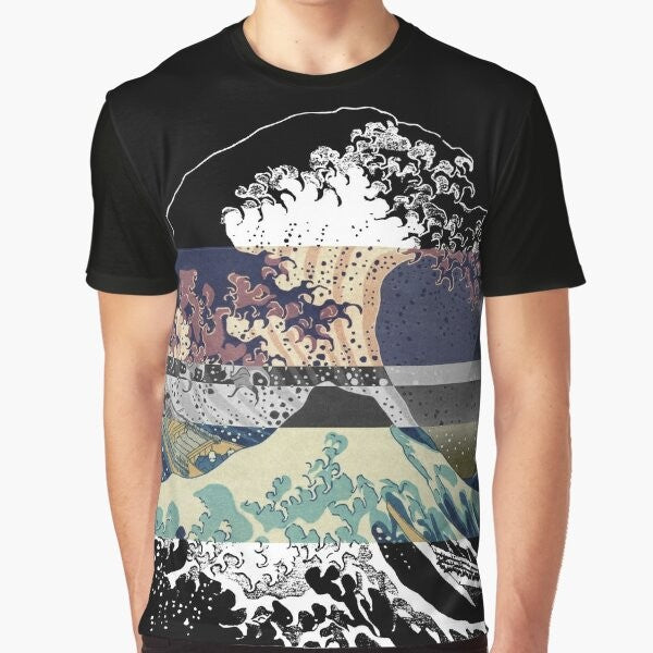 A graphic t-shirt design featuring the iconic "The Great Wave off Kanagawa" by Hokusai with a color glitch effect, evoking a tumblr aesthetic.