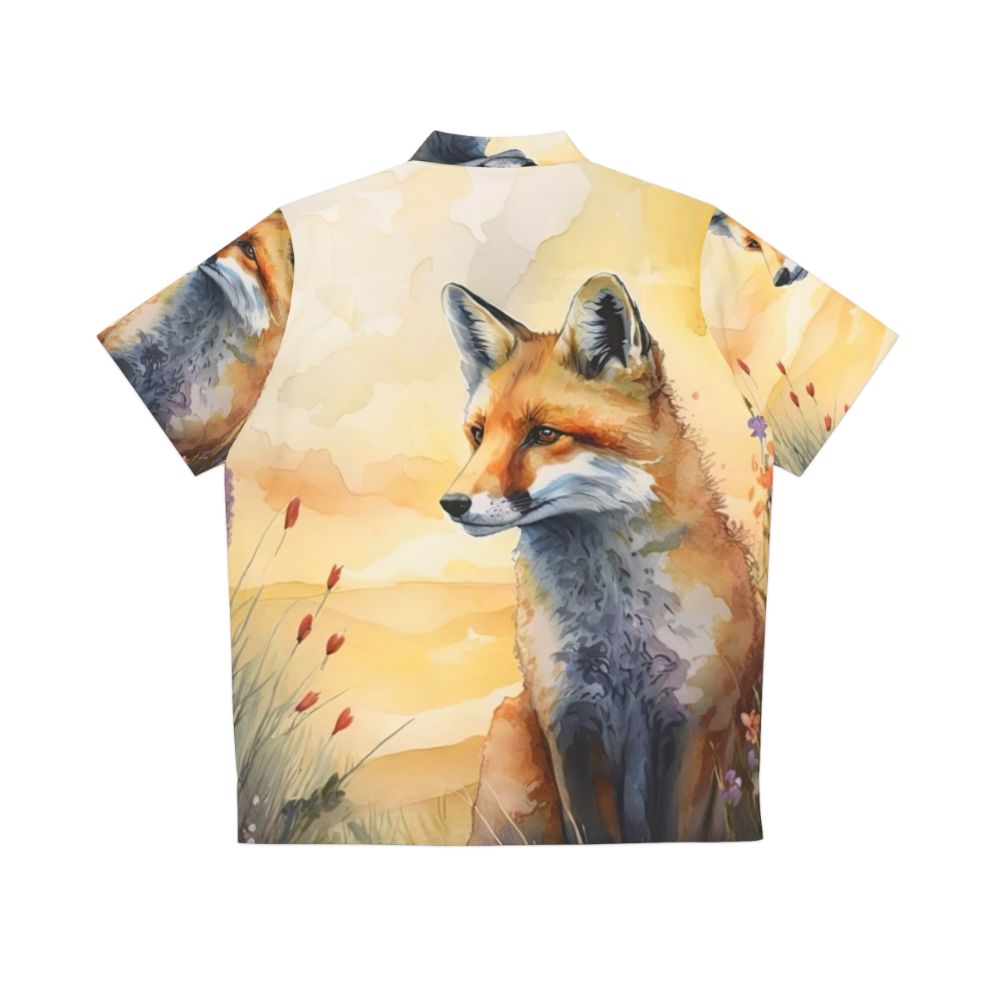 Colorful watercolor illustration of a red fox cub amidst spring flowers on a Hawaiian shirt - Back