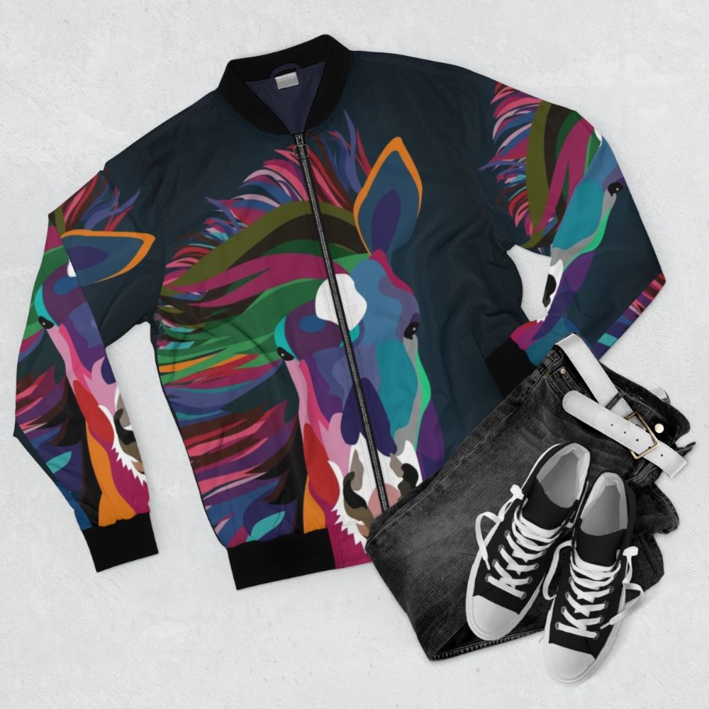 Vibrant abstract horse design on a modern bomber jacket - Flat lay