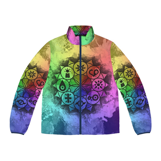 Digimon Mandala Puffer Jacket featuring vibrant digital art and psychedelic colors