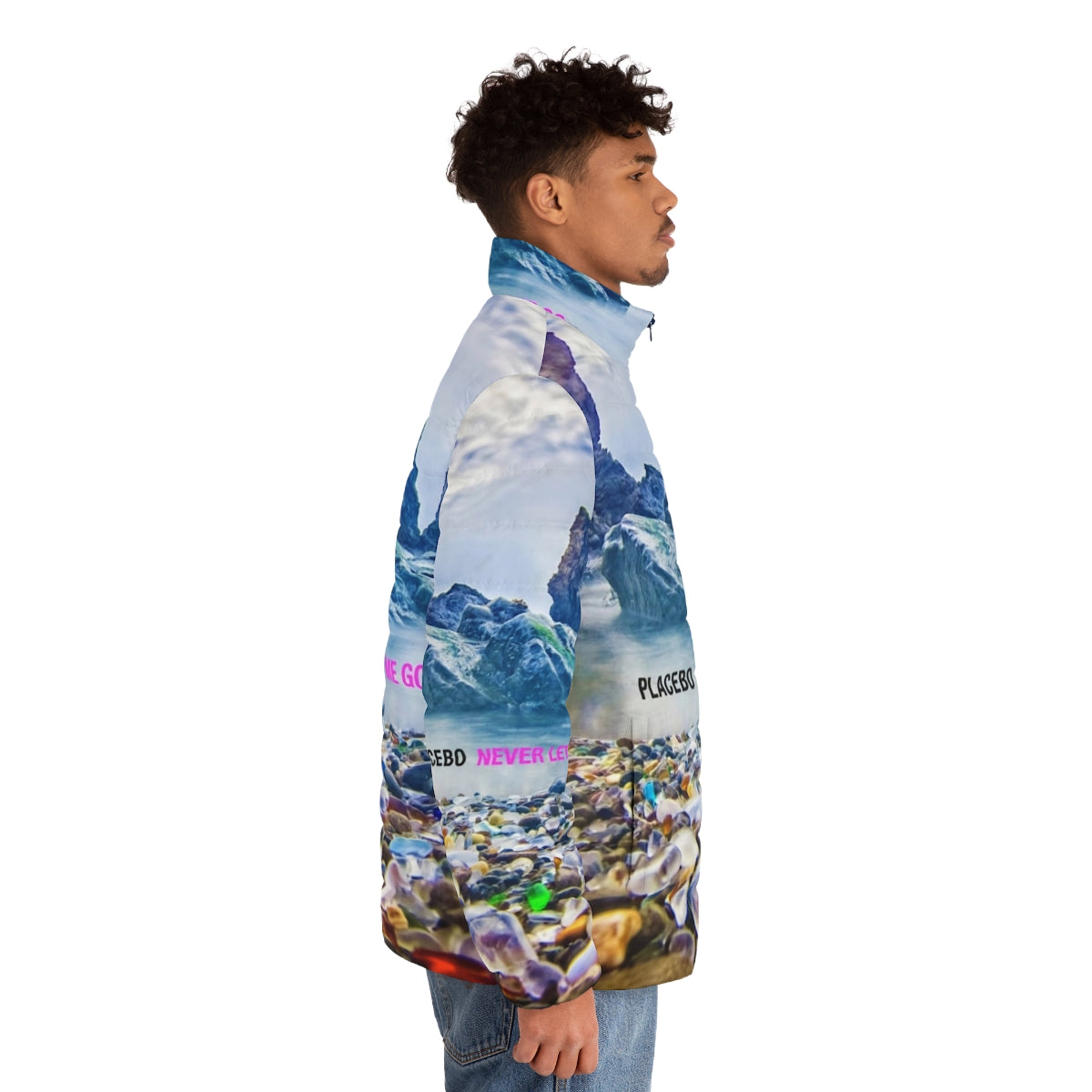 Puffer jacket with "Never Let Me Go" design for music enthusiasts - men side right