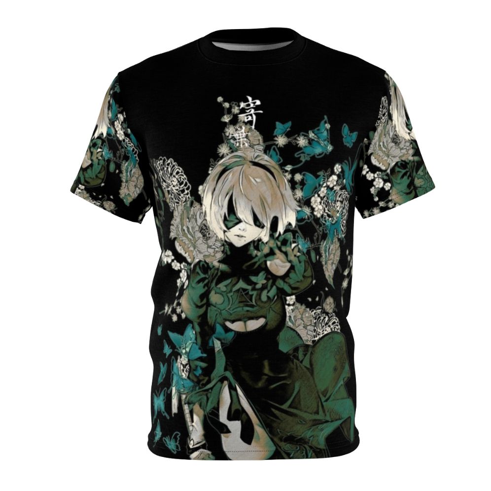 A t-shirt design featuring fantastical butterflies in a dark, garden-like setting, inspired by anime, manga, and the game Nier Automata.