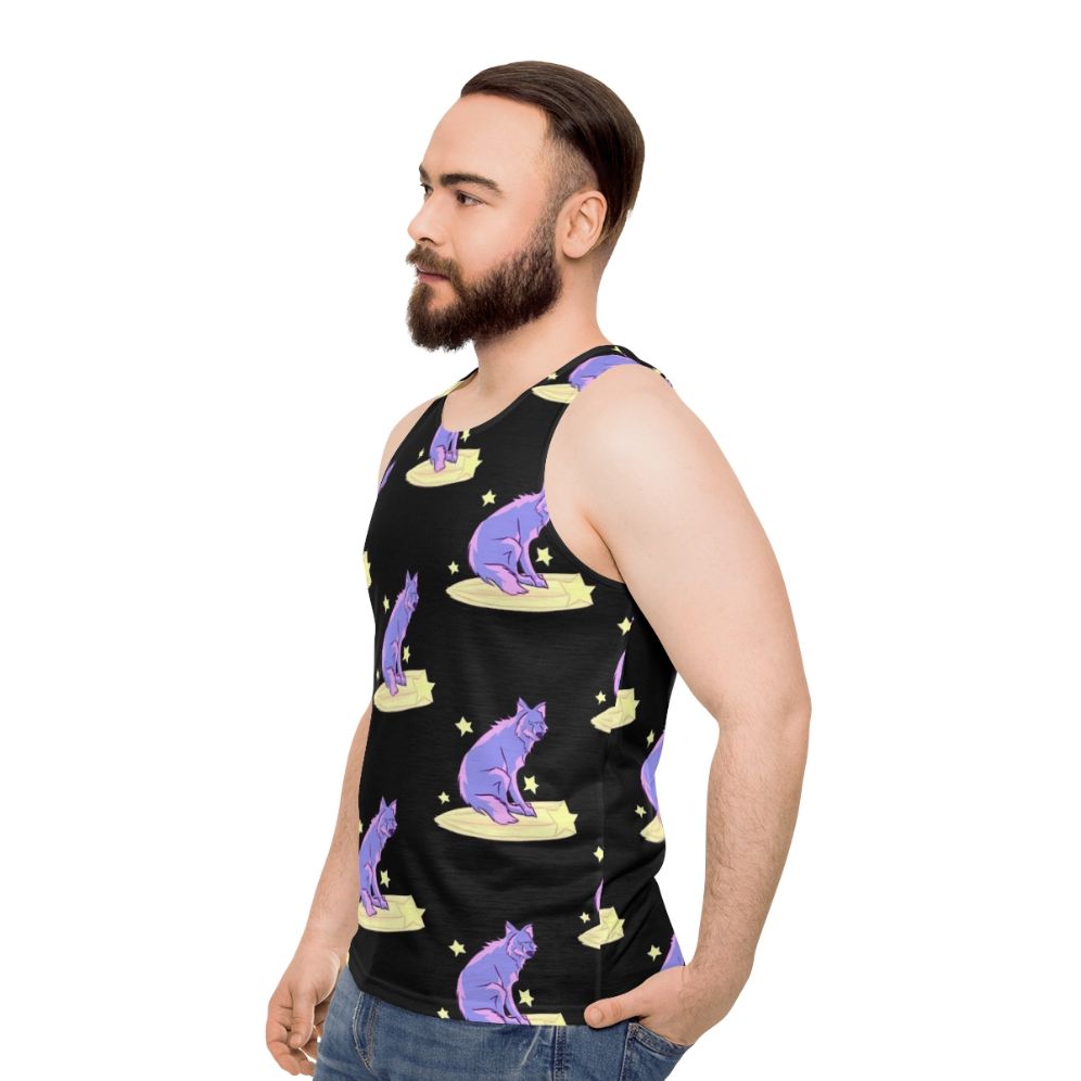 Unisex tank top with a celestial wolf design - men side