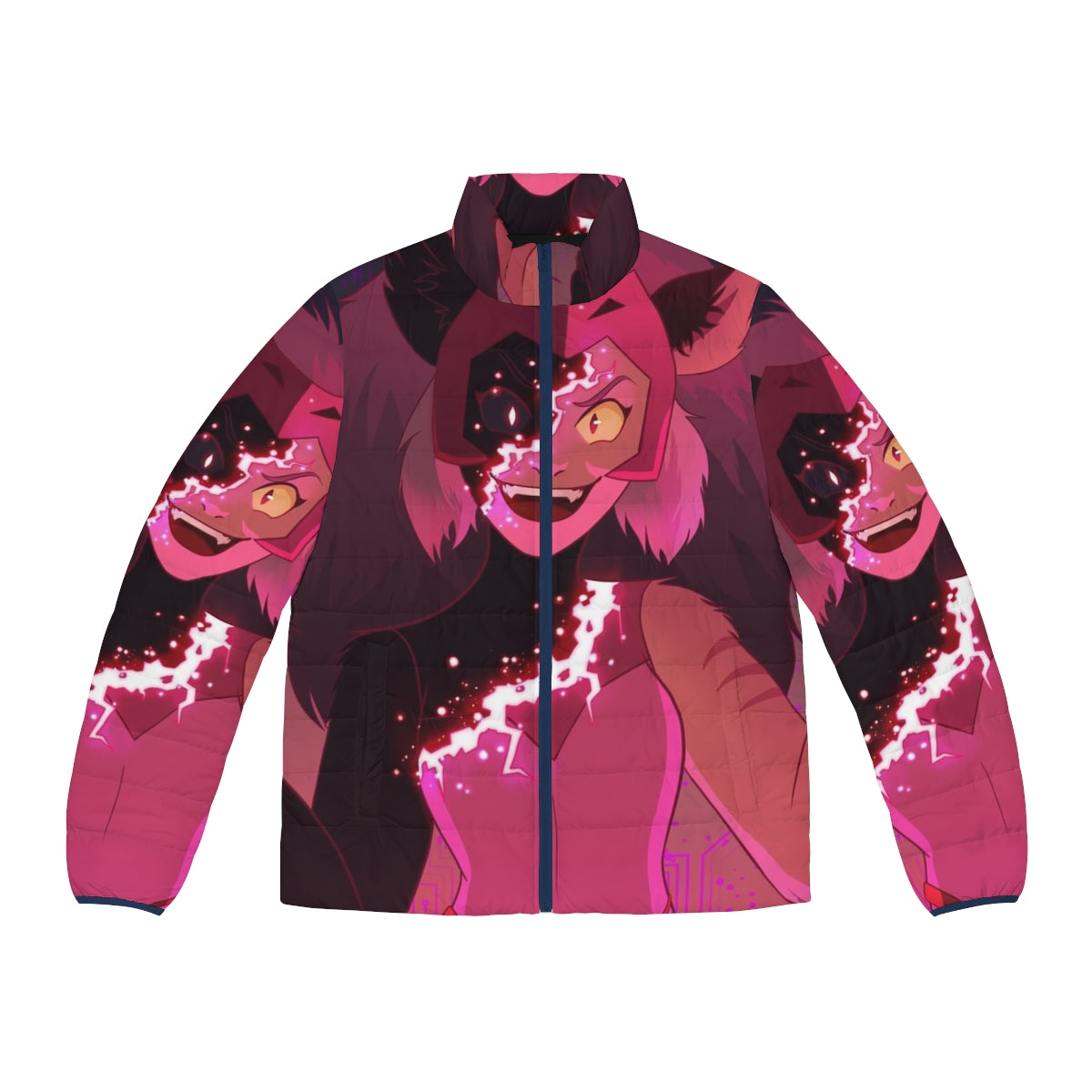 Glitch Catra Shera Princesses of Power Puffer Jacket featuring a vibrant glitch design