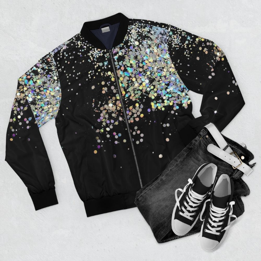 A black bomber jacket with holographic and sparkly accents - Flat lay