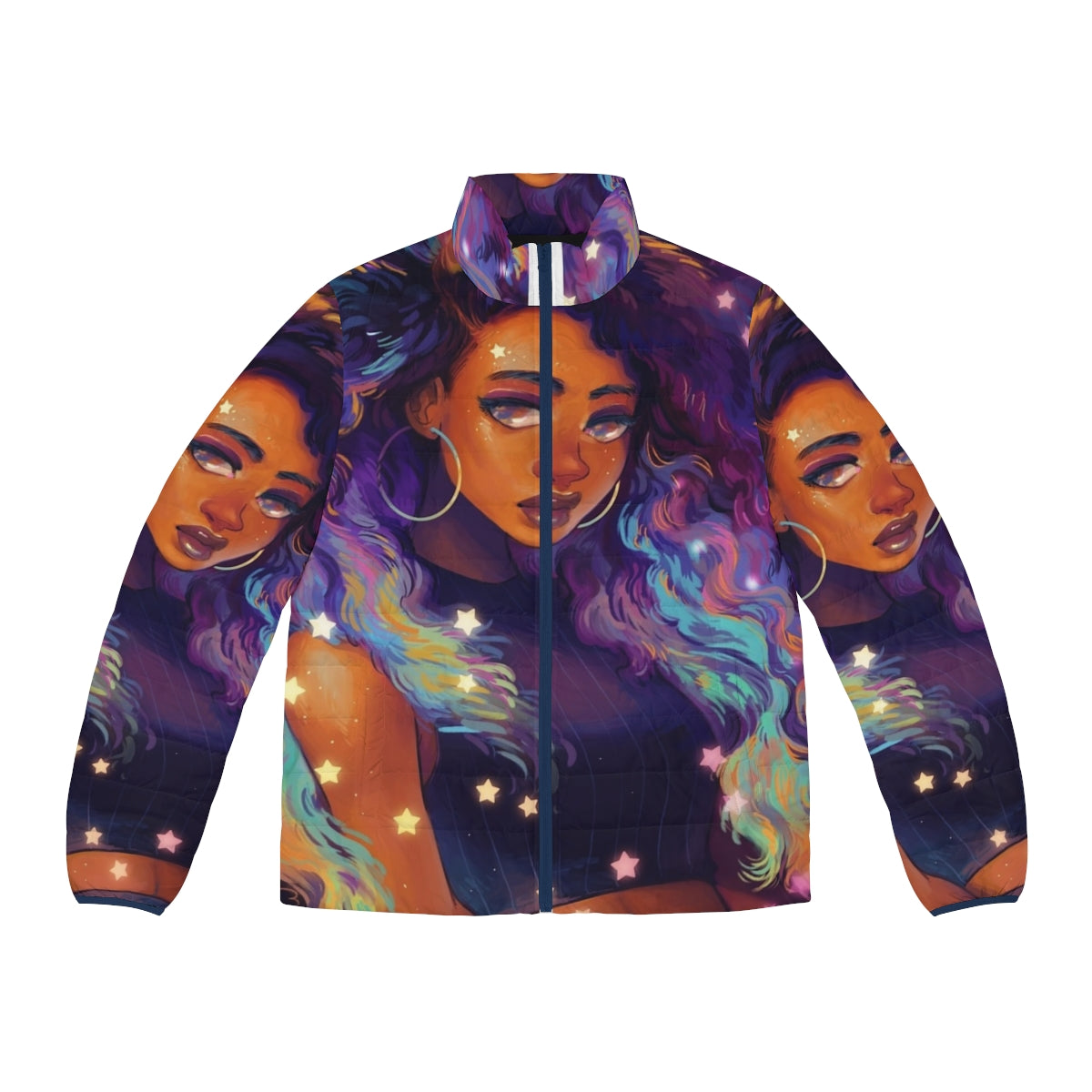 A black puffer jacket with a nebula and galaxy design, perfect for exploring the cosmos.