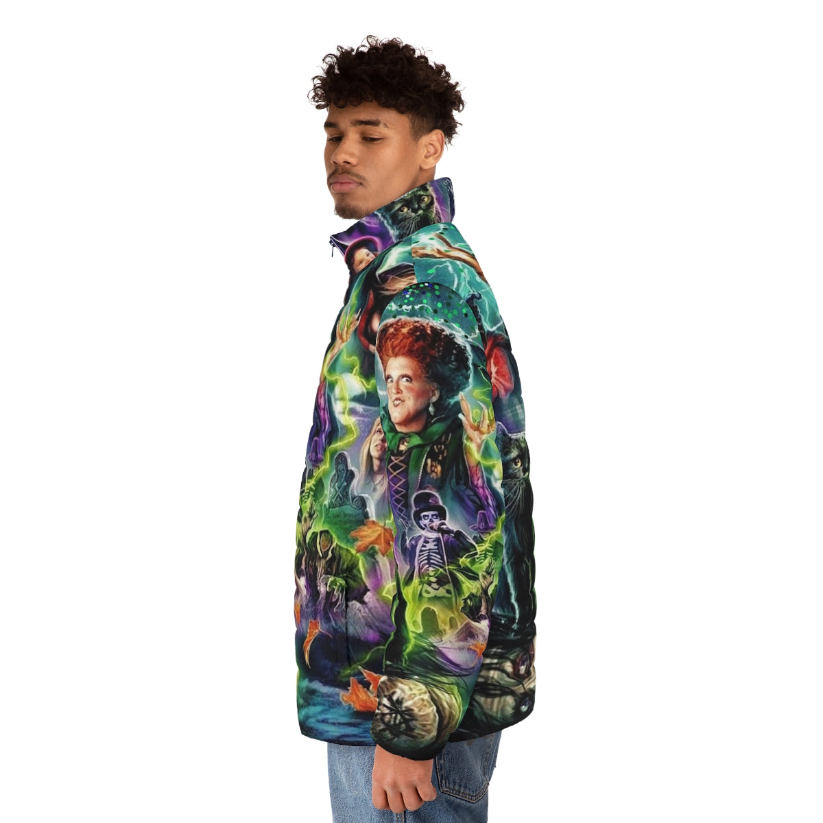 Hocus Pocus 1993 puffer jacket with witch, black cat, and other iconic imagery - men side left