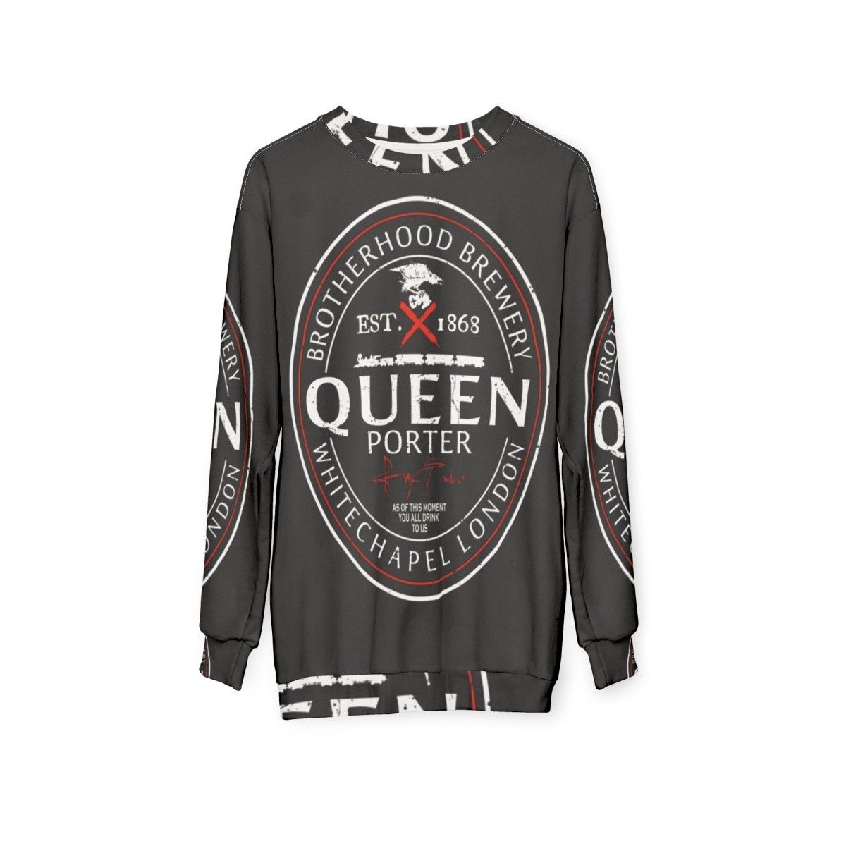 Assassin's Creed inspired gaming sweatshirt with beer label graphic - hanging