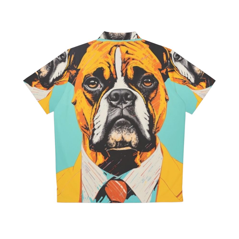 Retro boxer dog wearing a yellow suit in a tropical Hawaiian shirt - Back