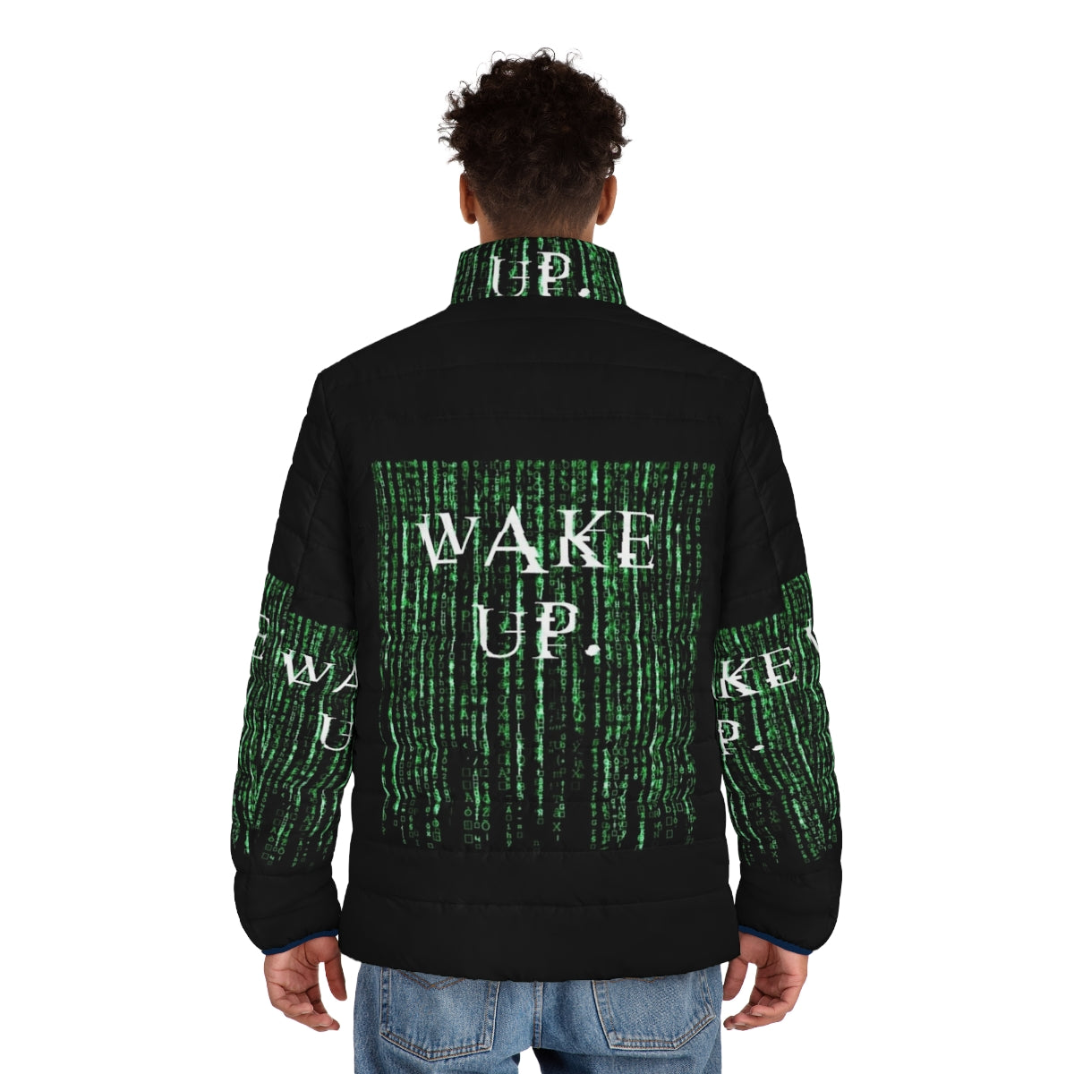 Matrix Neo Wake Up Puffer Jacket, inspired by the iconic The Matrix movie - men back