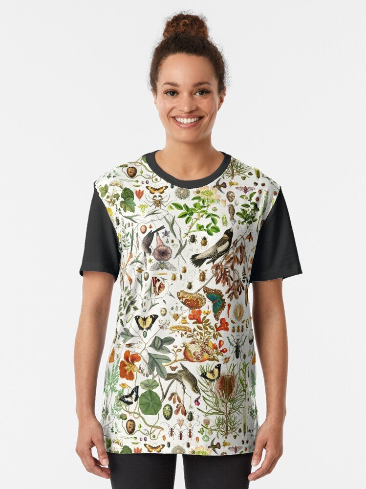 Detailed biology-inspired graphic t-shirt featuring a collage of nature elements like butterflies, birds, insects, and plants. - Women