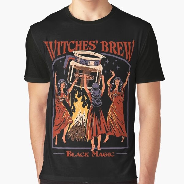 Retro graphic t-shirt featuring a witches' brew design with coffee, fire, and magical elements