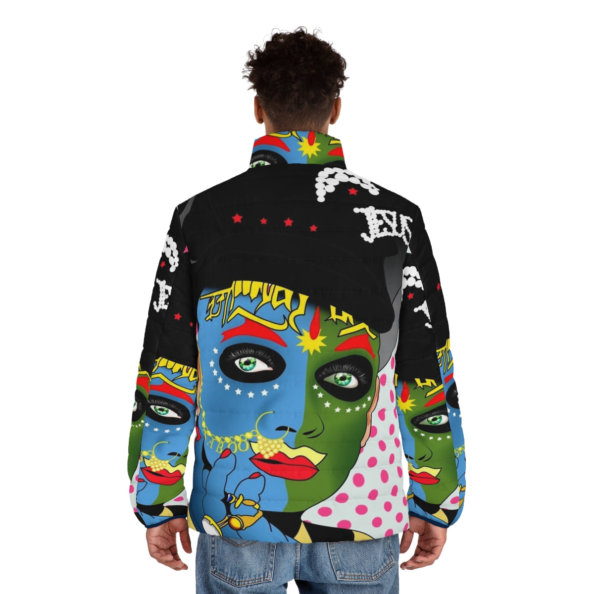 Colorful and whimsical Leigh Bowery puffer jacket, featuring a bold pop art style graphic design - men back