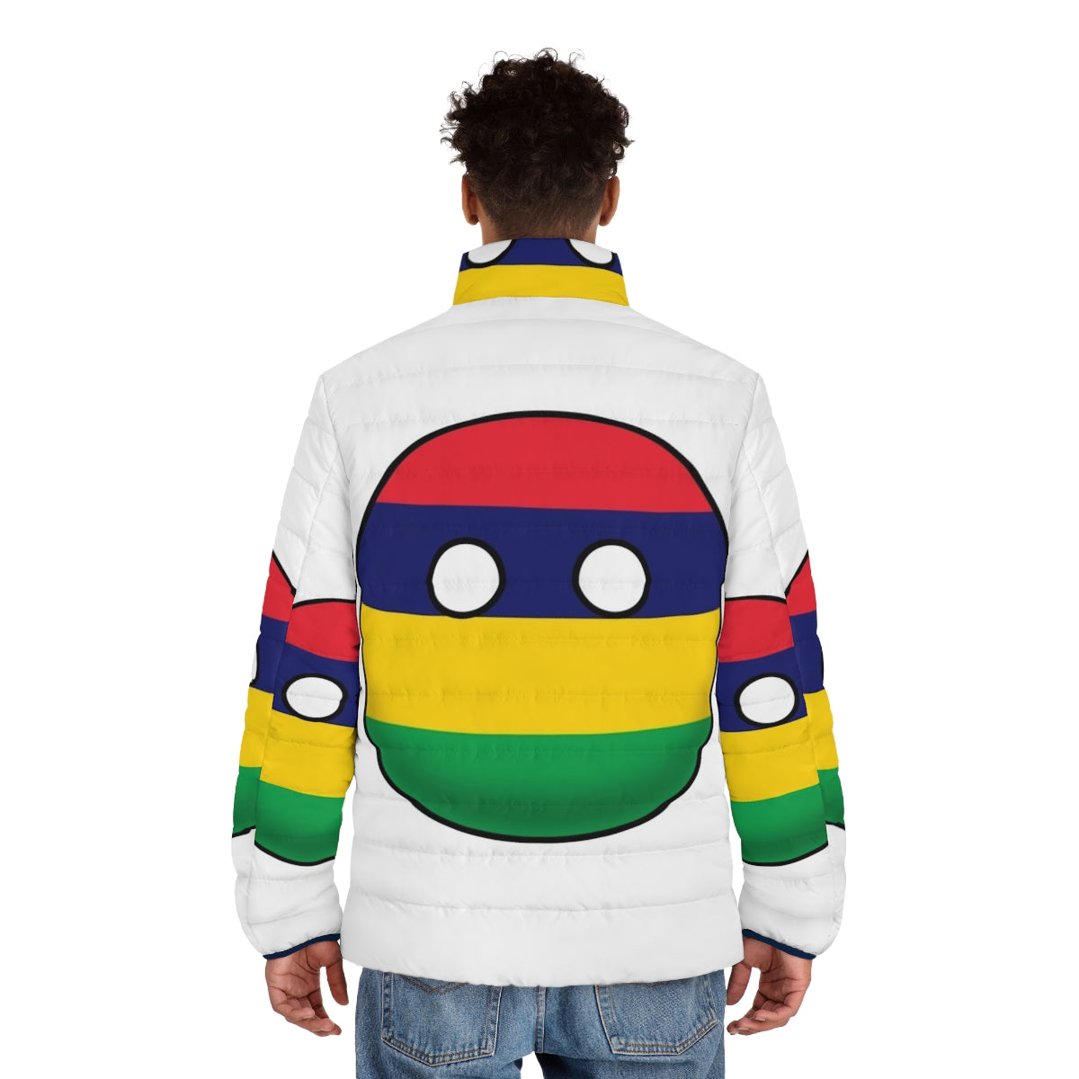 Mauritius Countryball Puffer Jacket featuring the iconic Mauritius flag design - men back