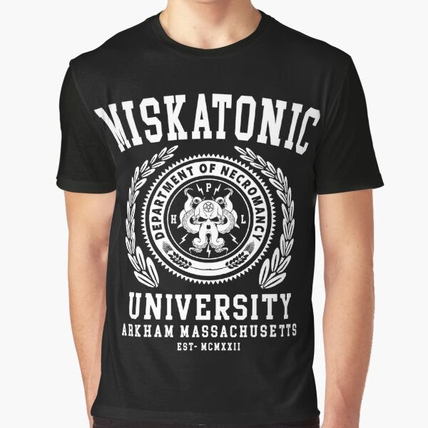 Cthulhu and HP Lovecraft inspired graphic design t-shirt with Miskatonic University logo