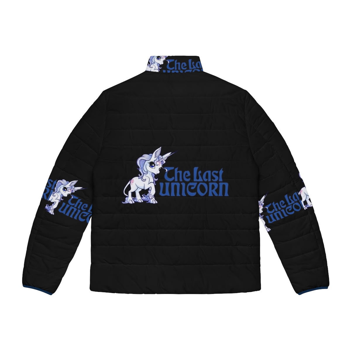 A puffer jacket featuring the iconic imagery of the last unicorn from the beloved anime film. - Back