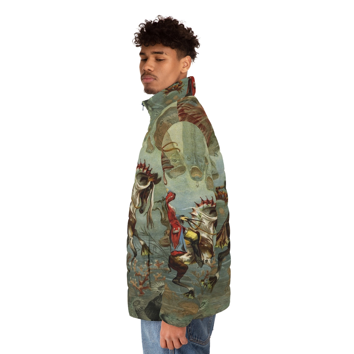 Vintage-inspired sea horse puffer jacket - men side left