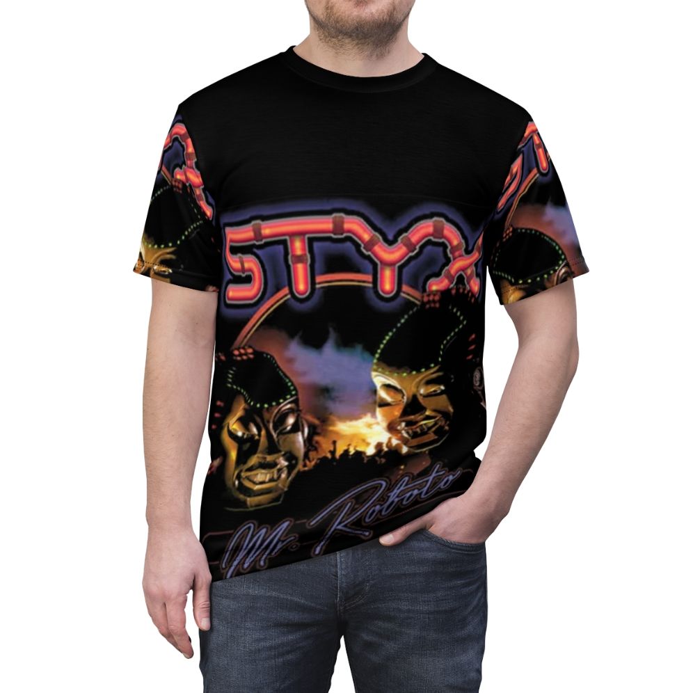 Artistic all-over print t-shirt featuring a vintage Styx band design for a retro, Halloween-themed look. - men front