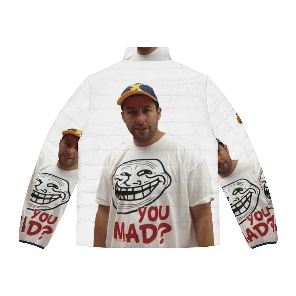 Adam Sandler wearing a puffer jacket with a "U Mad" t-shirt - Back