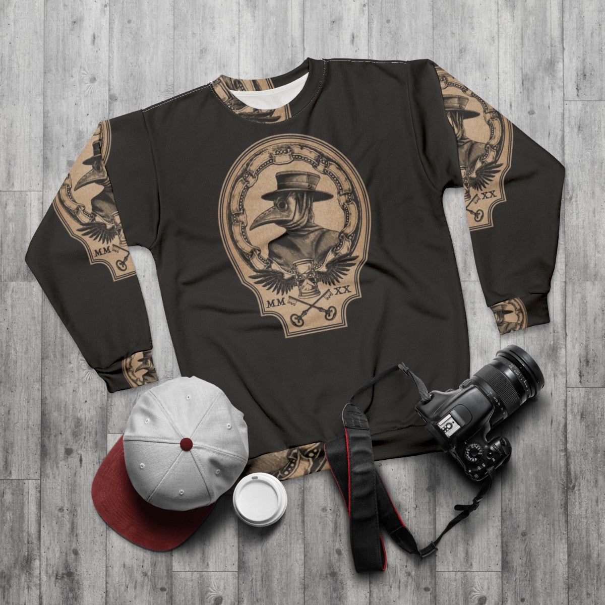 Vintage plague doctor gothic sweatshirt with raven, hourglass, and roman numerals - flat lay