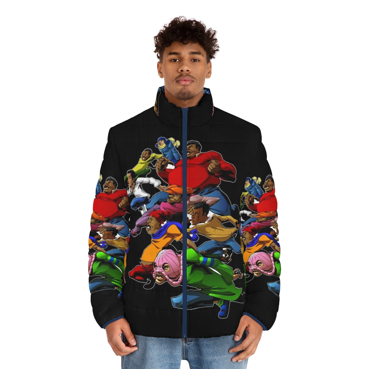 Fat Albert and the Gang retro puffer jacket with African American characters - men front