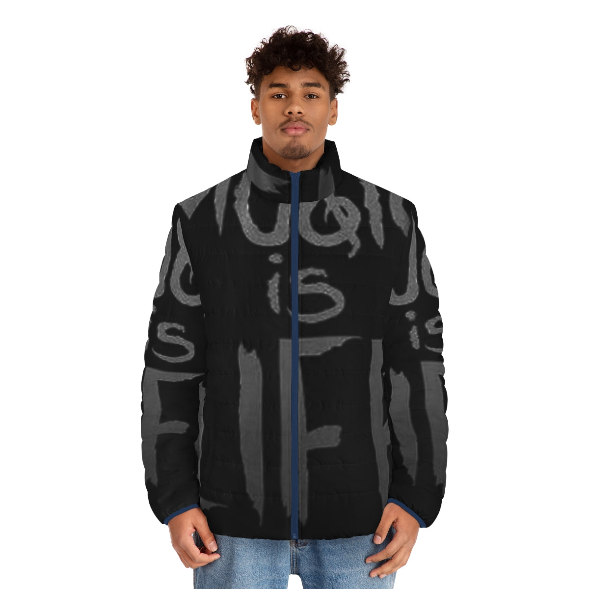 Person wearing music-themed puffer jacket - men front