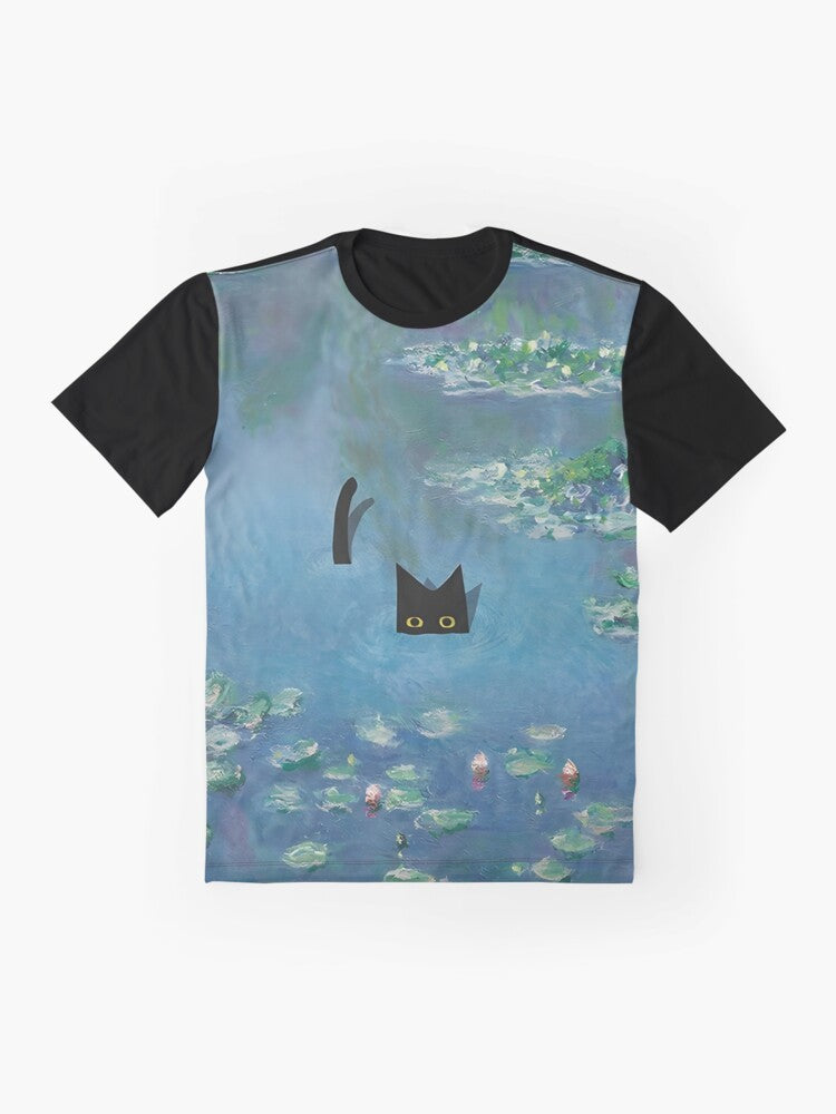 Claude Monet inspired water lily and cat graphic t-shirt design - Flat lay