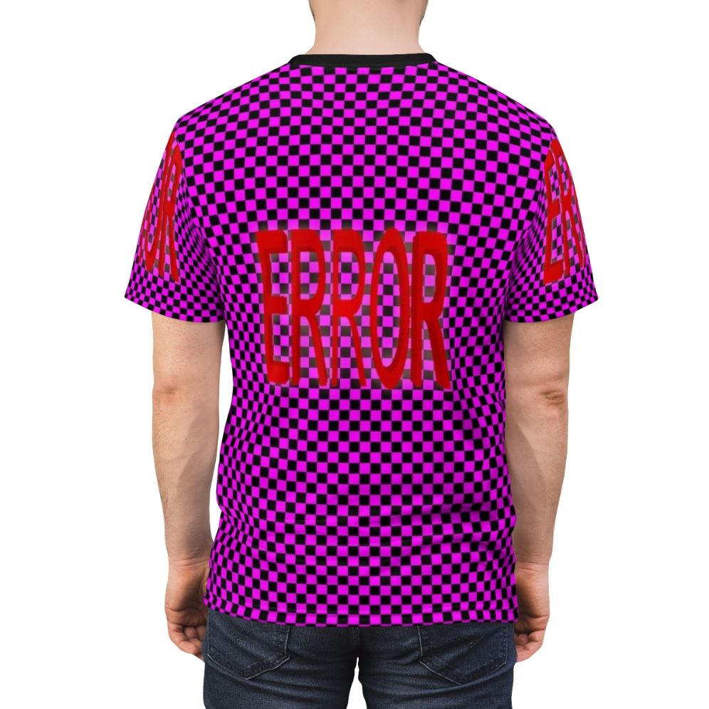 A t-shirt featuring a retro-style glitch texture design inspired by popular video games. - men back