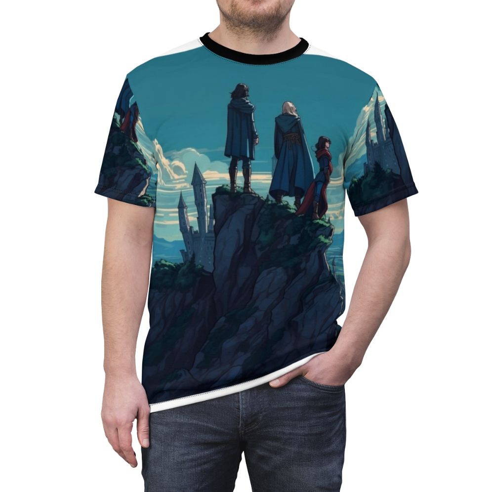 Castlevania-themed t-shirt featuring Trevor, Sypha, and Alucard characters in a nature-inspired all-over print design. - men front