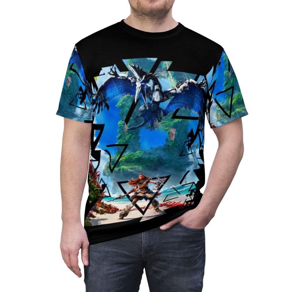 Horizon-Inspired Gamer T-Shirt featuring the protagonist Aloy and the Forbidden West world - men front